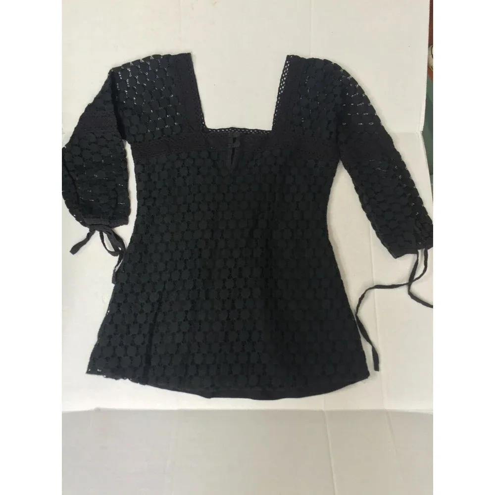 Solitaire Black Circle Eyelet Square Neck Blouse Tie Sleeve Size Small Bohemian